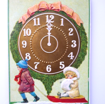 New Years Day Postcard Giant Clock 12 O&#39;clock Children Muff Sled Stecher... - $13.78