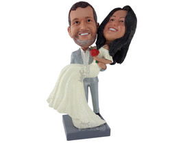 Custom Bobblehead Man Holding His Lovely Wife In His Hands Who Is Wearing A Gorg - £122.25 GBP