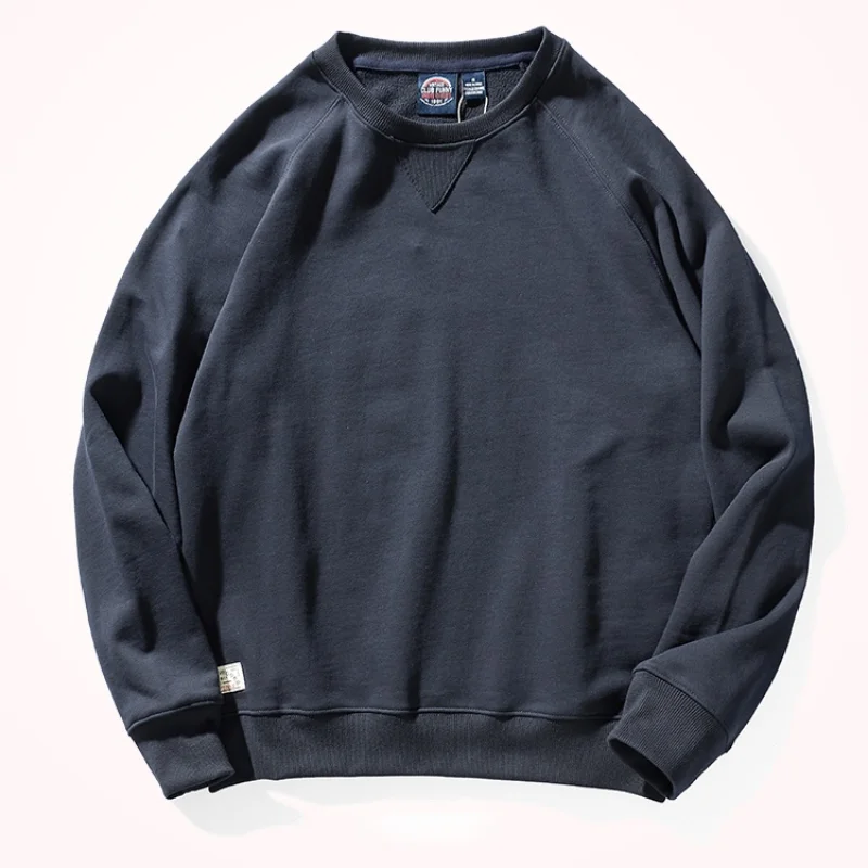 -Style Heavy Terry Sweater Men 's Cotton Retro Solid Color Simple round Neck Pul - $134.37