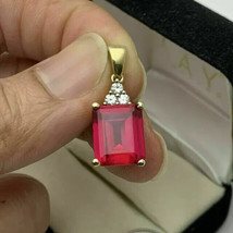 2Ct Emerald Cut Simulated Red Ruby Pendant  14K Yellow Gold Plated 18&quot; Chain - £32.87 GBP