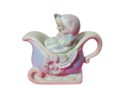 Enesco 1994 Precious Moments Porcelain Holiday Sleigh Tea Pot Couple 6.5&quot;T x 5.5 - £15.46 GBP