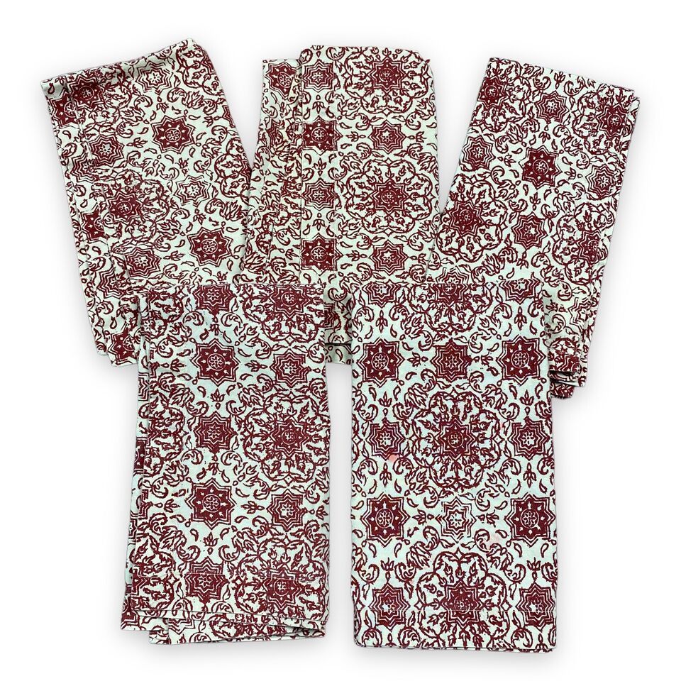 Primary image for Set Of 5 Pottery Barn Cloth Napkins Red White Kaleidoscope Medallion 19” Fabric