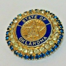 Vtg Gold Tone State of Oklahoma Cinerama Rhinestone Brooch Blue &amp; Clear 1 1/2&quot; - £19.95 GBP