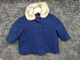 Vintage Sears Jacket Little Girls 2T Navy Blue Flannel Lined Hooded Faux... - $335.31 MXN