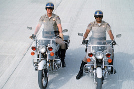 Larry Wilcox and Erik Estrada in CHiPs on police motorbikes rising 18x24... - $23.99