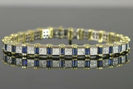  14K Yellow Gold Over 14Ct Blue Sapphire Princess Cut Diamond Tennis Bracelet - £131.88 GBP