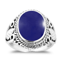 Vintage Inspired Round Dark Blue Lapis Leaf Accent Sterling Silver Ring – 9 - £18.15 GBP
