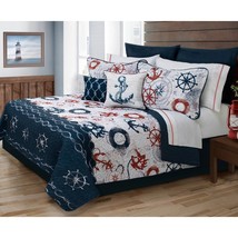 Twin Size Modern Coastal Anchor Polyester Reversible Quilt Set - £97.60 GBP