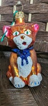 Orange Tabby Cat With Blue Bow Glass Christmas Tree Ornament 3 Inches Detail - £7.12 GBP