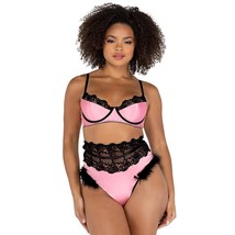 Satin Lace Bra Set Embroidered Faux Fur Trim High Waist Thong Panty Pink LI481 - £31.68 GBP+