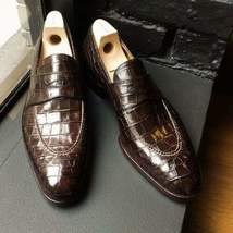 Handmade Men&#39;s Crocodile Embossed Calfskin Loafer Shoes Men dress shoes moccasin - £102.86 GBP