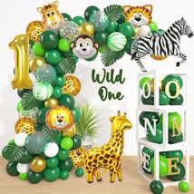 Wild One Birthday Decorations Balloon Boxes, Animal Print Green Gold Balloon Gar - £25.57 GBP