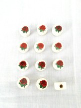 12 WHITE w RED ROSE FLOWER GREEN LEAF CERAMIC DISC BEADS CRAFT DIY JEWEL... - $6.99