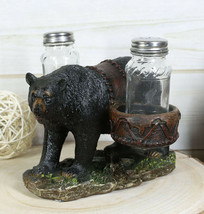 Rustic Black Bear Carrying Saddlebags Holder With Glass Salt And Pepper ... - $27.99