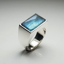 Rectangle Flat Labradorite Ring Men Solid 925 Silver Men Ring Father&#39;s Day Gifts - £65.91 GBP