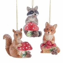 Kurt Adler Set Of 3 Fox Raccoon &amp; Squirrel w/MUSHROOM Christmas Ornaments E0476 - £28.03 GBP