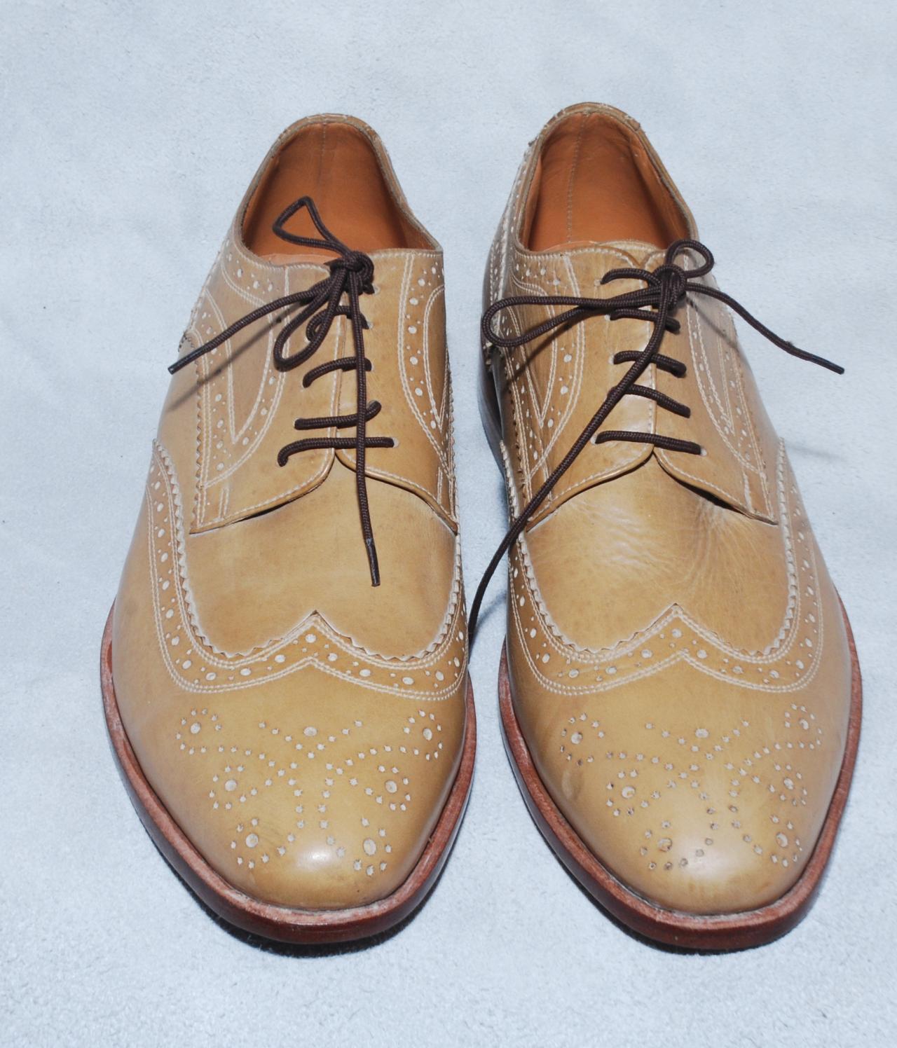 Men Oxford Beige Color Rounded Brogue Toe Wing Tip Vintage Leather Shoes US 7-16