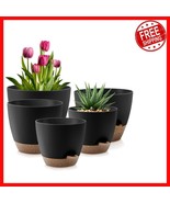 Chic Black Brown Plant Pot Set: 5 Self-Watering Planters with Drainage H... - $59.21 CAD