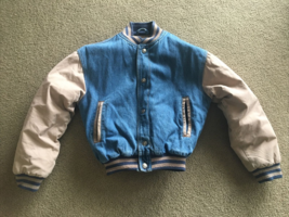 Tri Mountain Denim Varsity Jacket Size YOUTH SMALL Insulated Coat Kids VIntage - £30.84 GBP