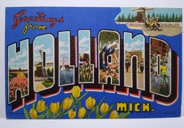 Greetings From Holland Michigan Large Big Letter Postcard Linen Curt Teich Roses - £10.09 GBP