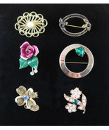 Lot of 6 VINTAGE Scatter PINS Rhinestone BROOCH Enamel Faux Pearl Goldtone - $17.81