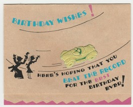 Vintage Birthday Card Silhouette Couple Wave at Gold Car 1940&#39;s - £6.98 GBP