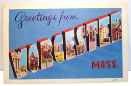 Greetings From Worcester Massachusetts Large Big Letter Linen Postcard Dexter - $19.13