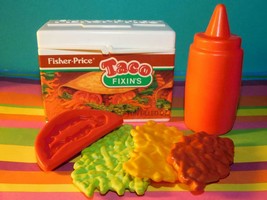Vintage Fisher Price Taco Fixin&#39;s Beans Tomato Cheese Lettuce COMPLETE set RARE - £20.21 GBP