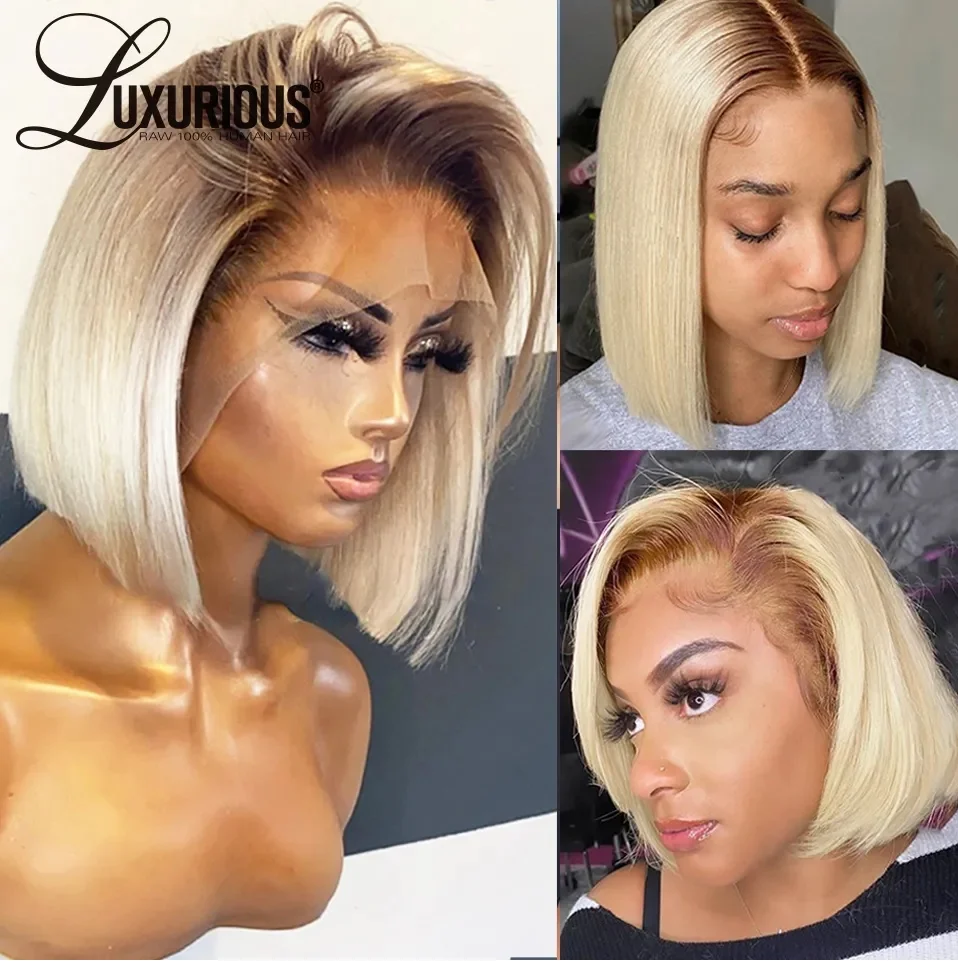 LUXURIOUS 4/613 Short Bob Wig Lace Front Human Hair Wigs Preplucked Hairline - £64.47 GBP+