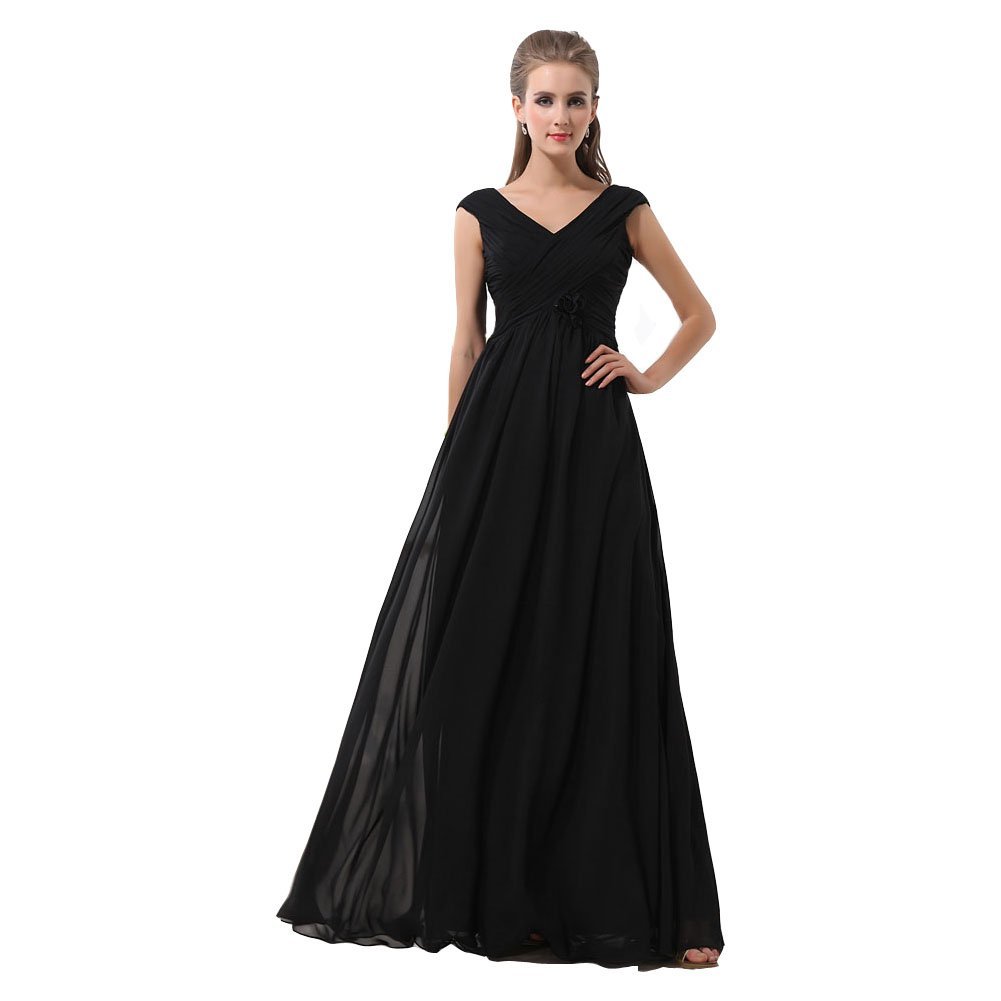 Kivary Women's Black V Neck Long A Line Prom Evening Dresses Cap Sleeves US 2