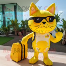 Yellow Cat mascot costume character dressed with a Bikini and Messenger bags - $1,219.00