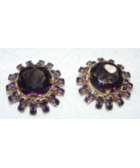 Vintage Purple Huge Rhinestone Gold Tone Clip 1 1/2&quot; Round Earrings 16-A - $54.44