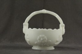 Vintage IMPERIAL Milk Glass Flower Floral &amp; Ribbon Textured Stipple Basket - £16.63 GBP