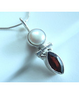 Cultured Pearl &amp; Faceted Garnet Marquise 925 Sterling Silver Necklace - £13.01 GBP