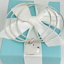 Tiffany Triple 3 Wire Bangle Puffed Heart Tag Cutout Charm Bracelet Stacking - $199.00