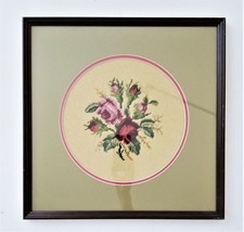 Vintage Floral Roses Needlepoint Professional Frame Earthy Colors 18.25&quot; - £71.18 GBP