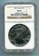1987 AMERICAN SILVER EAGLE NGC MS69 BROWN LABEL PREMIUM QUALITY NICE COI... - $55.95