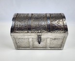 Vintage Silver tone Metal Treasures Chest Trinket Box Lockable 6&quot; wide - £23.87 GBP