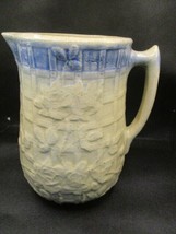 Antique Stoneware Crock Pottery beige and blue Glaze Pitcher floral cris... - $54.45