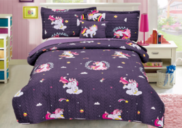 Purple Unicorn 4 Pcs Twin / Full Size Kids Boys Girls Quilt/ Shams/ Cush... - £35.11 GBP
