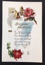 Antique Birthday Greetings Card Posted 1919 S. Bergman 1913 Roses Art Deco - £7.85 GBP