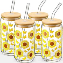 Glass Cups with Lids and Straws with Design Sunflower Glass - £24.09 GBP