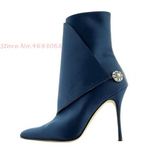 Button Silk Splicing Short Boots Pointed Toe Elegant Ankle Shoes Solid Blue Shoe - £166.75 GBP