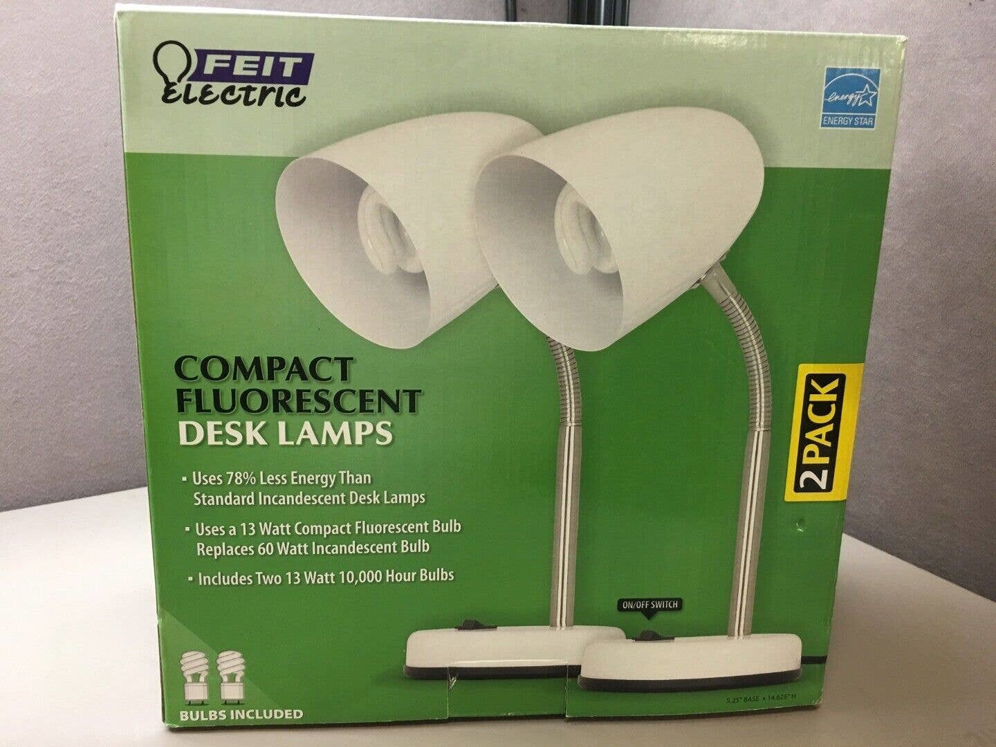 Package of 2 New In Box White FEIT Electric Compact Fluorescent Desk Lamps - $51.22