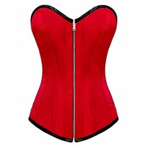 Red Corset Zipper Satin Gothic Burlesque Halloween Costume Long Overbust... - £54.28 GBP