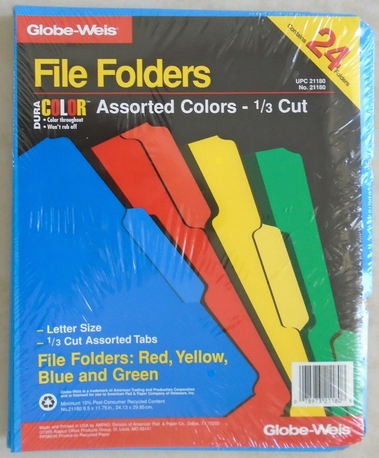 Globe Weis Letter Size File Folders, 1/3 Cut, Assorted Colors, 24-Pk No.... - $7.00