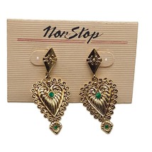 Green Enamel Heart Dangle Drop Earrings Post Back Closure Gold Tone Vintage - £13.76 GBP