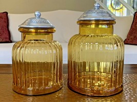 2 Antique Vintage Yellow Ribbed Glass Jars with Silver Ornate Lids Old Vase Vtg - £37.25 GBP