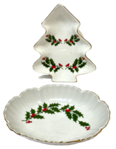 Vintage Christmas Holly Lot of 2 Candy and Nut Dishes Trinket Tree Shape... - £12.64 GBP