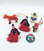 Vtg Christmas Ornament Wood Snowman Trumpet Mice Felt Horse Embellished Tassels - £11.64 GBP